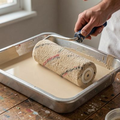 a paint roller loading from a tray