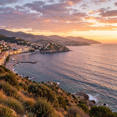a coastal town seen from a hillside at sunset