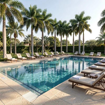 a swimming pool with loungers under palm trees