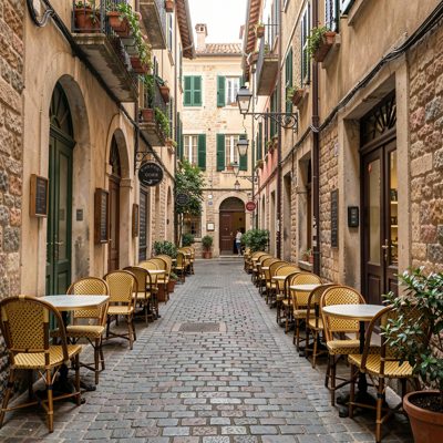 a narrow european street with cafe tables