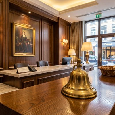 a boutique hotel reception with a brass bell