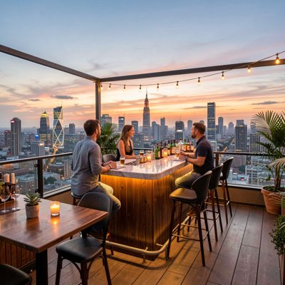a rooftop bar with city views at dusk
