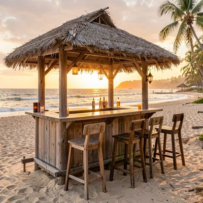 a beach bar with wooden stools at sunset