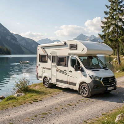 a camper van parked beside a lake