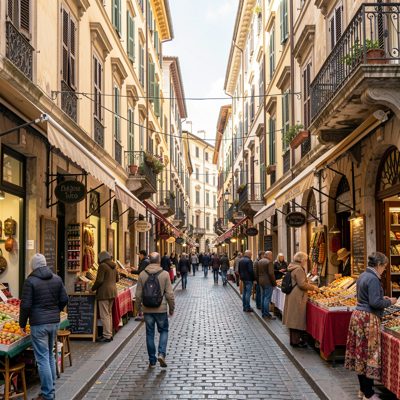 a market street with awnings in a foreign city