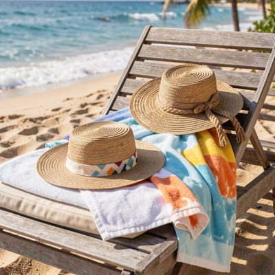 a beach towel and hat on a wooden lounger