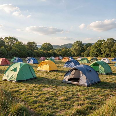 a campsite with tents pitched in a field