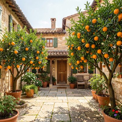 a small guesthouse courtyard with orange trees