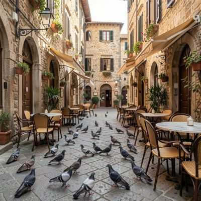an old town square with cafe tables and pigeons