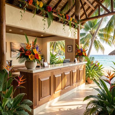 a resort reception with tropical flowers