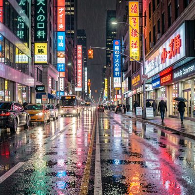 a wet city street reflecting neon signs
