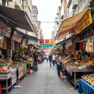 a market street with stalls and awnings