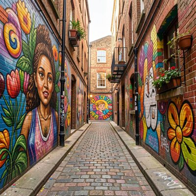 an alley with painted murals