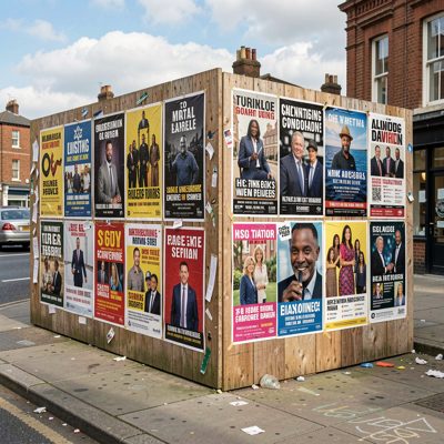 a construction hoarding covered in posters