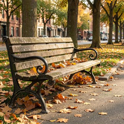 a city park bench with fallen leaves