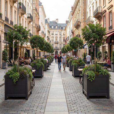 a pedestrianised street with planters
