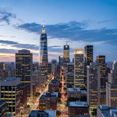 a city skyline at blue hour