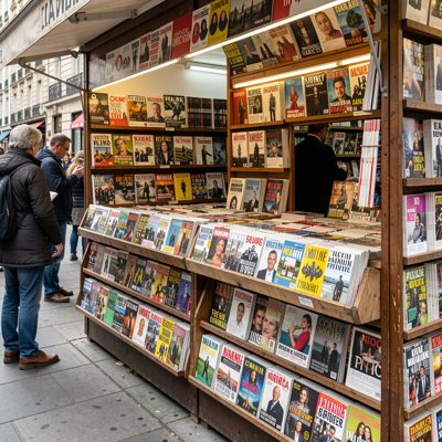 a newsstand with magazines on display