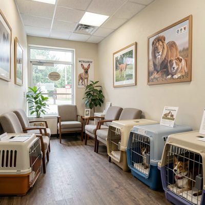 a veterinary waiting room with carriers