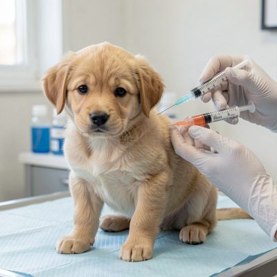 a puppy having a first vaccination
