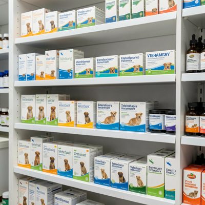 a veterinary pharmacy shelf with boxes