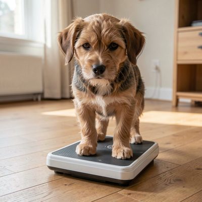 a dog being weighed on a floor scale