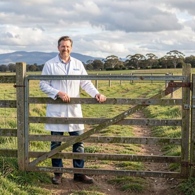 a vet in wellingtons at a farm gate