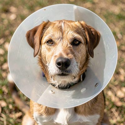 a dog wearing a plastic recovery collar