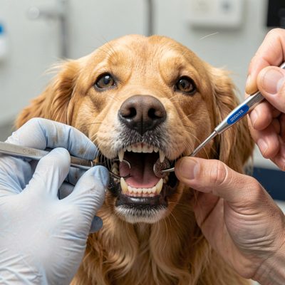 a dog having its teeth checked