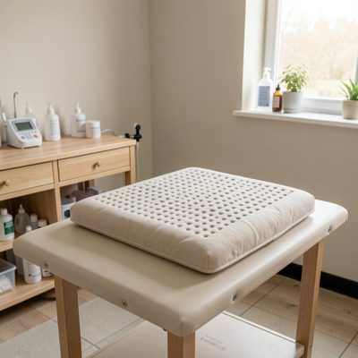 a treatment room with a heat pad on a table