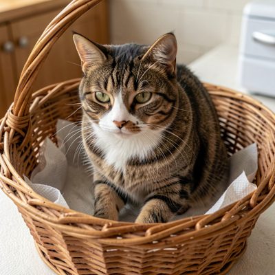 a cat being weighed in a basket