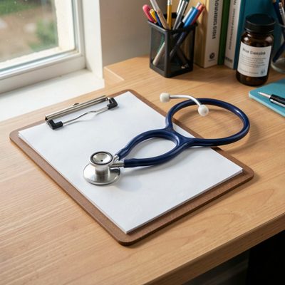 a stethoscope and clipboard on a vet's desk