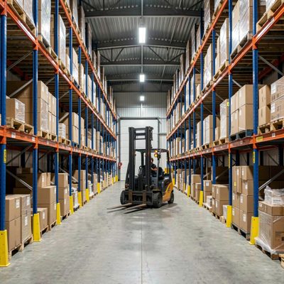 a warehouse aisle with high racking and a forklift