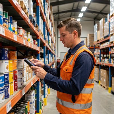 a warehouse worker scanning stock on a shelf