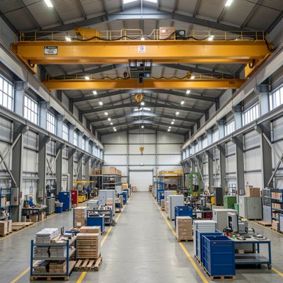 an overhead crane above a factory floor