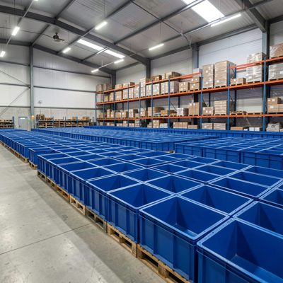 a warehouse with rows of identical blue bins
