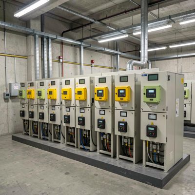 a bank of electrical isolators in a plant room