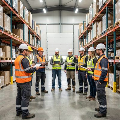 a warehouse team briefing at shift change