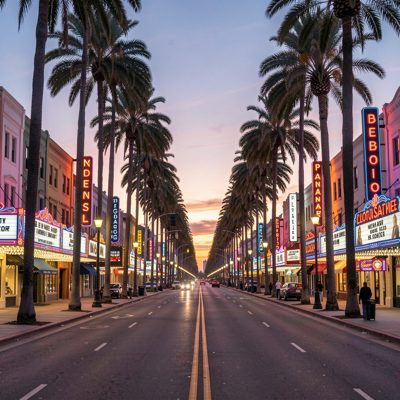 a wide palm lined boulevard with neon theatre marquees at dusk