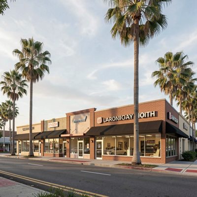 a strip of low rise storefronts under tall palms