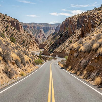 a canyon road winding between dry hillsides