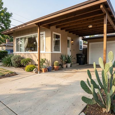 a mid century bungalow with a carport and cactus