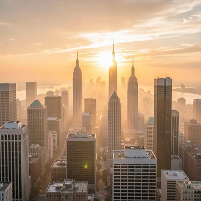 a city skyline seen through haze at sunset