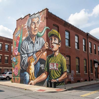 a mural covering the side of a brick building