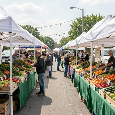 a farmers market under white canopies