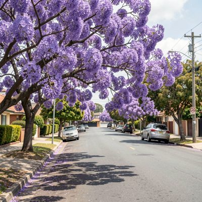 a jacaranda in flower over a residential street