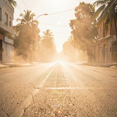 a hot dry street with heat haze above the tarmac
