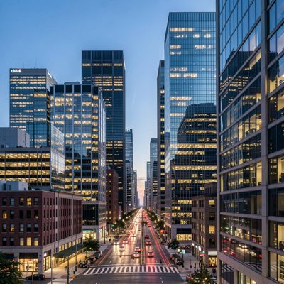 a downtown block of glass towers at blue hour