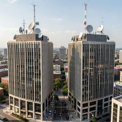 two office buildings linked by dish antennas on their roofs