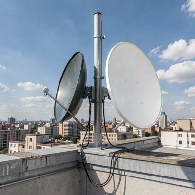 a rooftop pole with two dishes mounted back to back